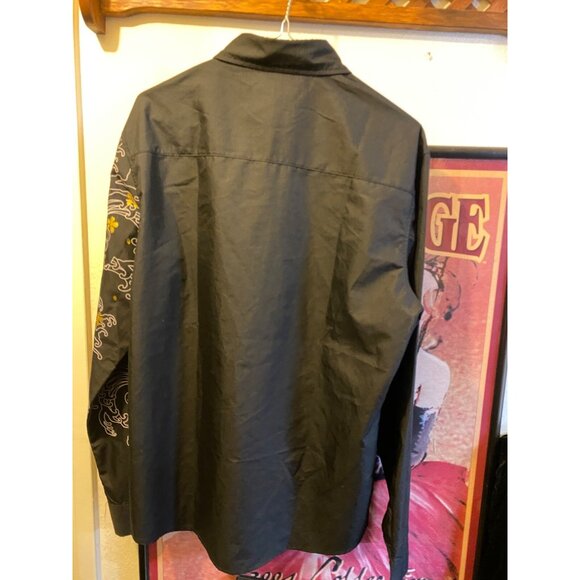 Mens Long Sleeve Button up Shirt Black Floral koi Design Large Club - Picture 3 of 5
